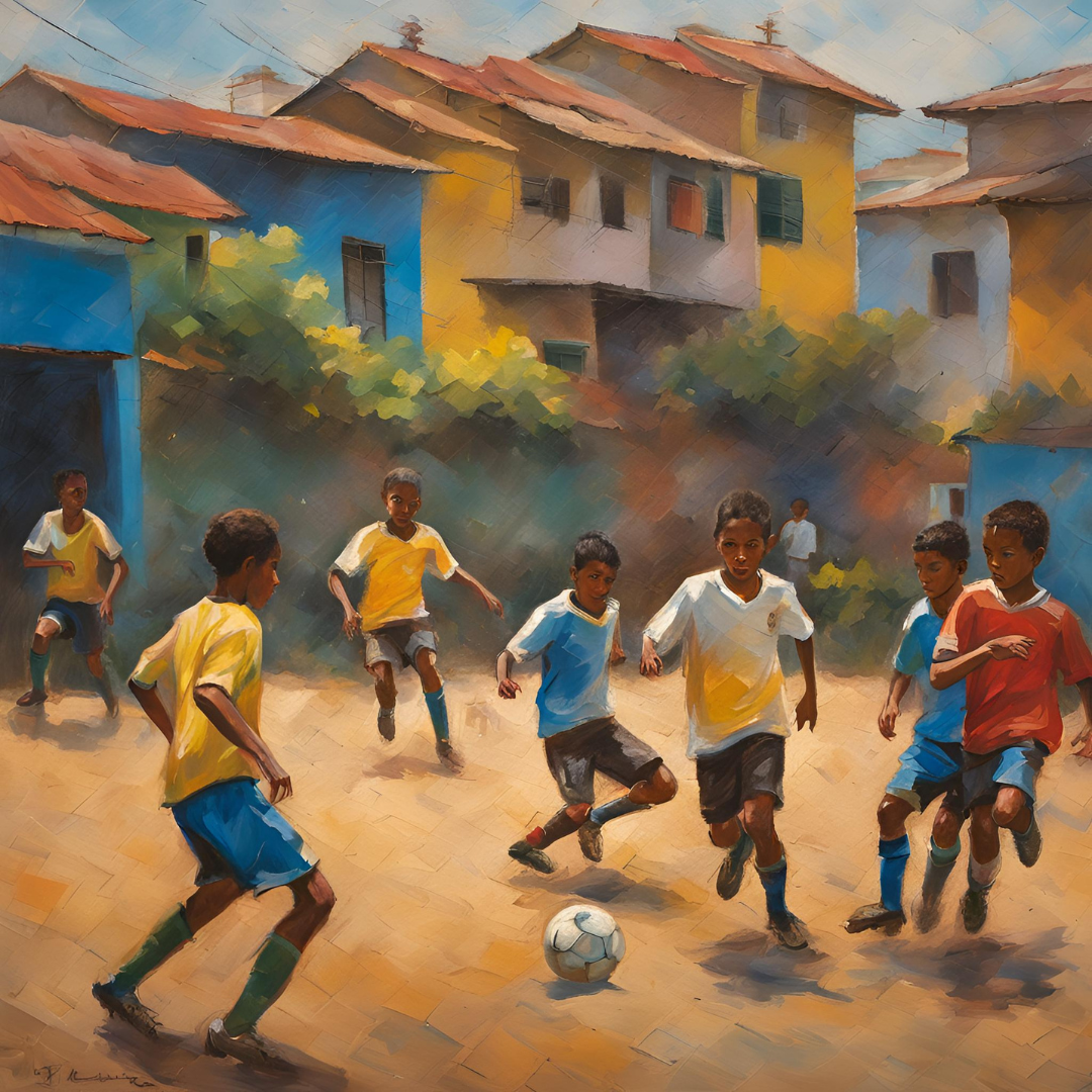 A Impressionist-style image of a pickup youth soccer game (pelada) in Brazil.