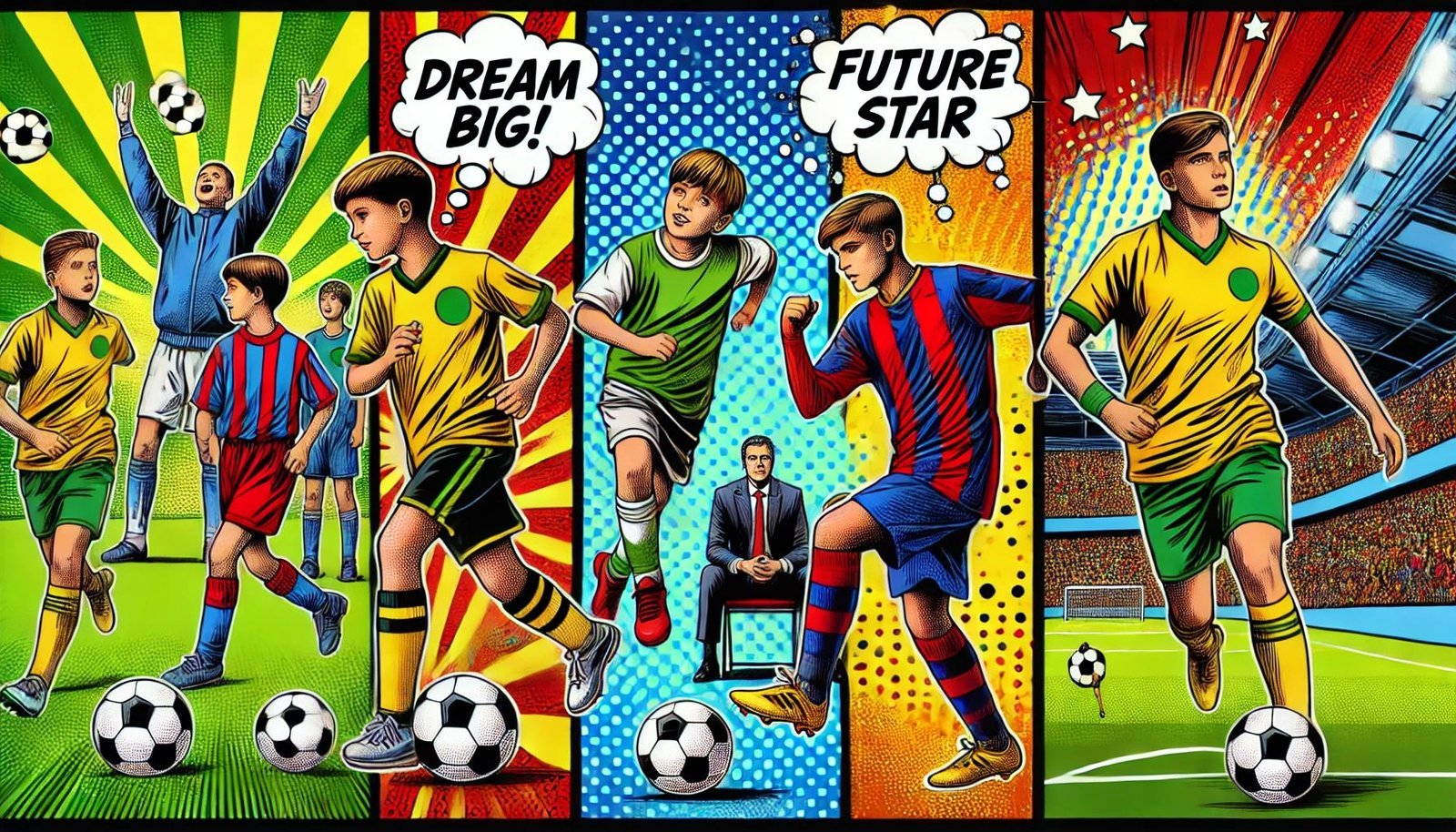 A pop-art themed image of young soccer players training.